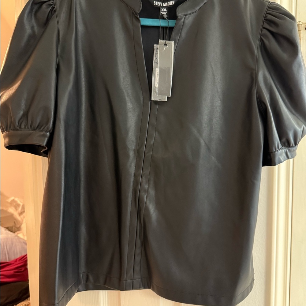 Steve Madden Black Faux Leather Puff Sleeve Top